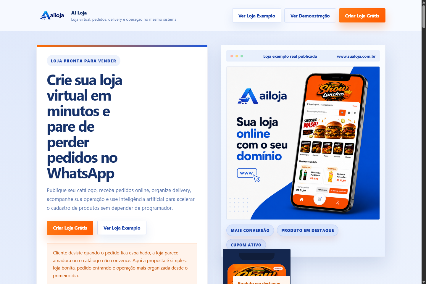 Página inicial do site AI Loja