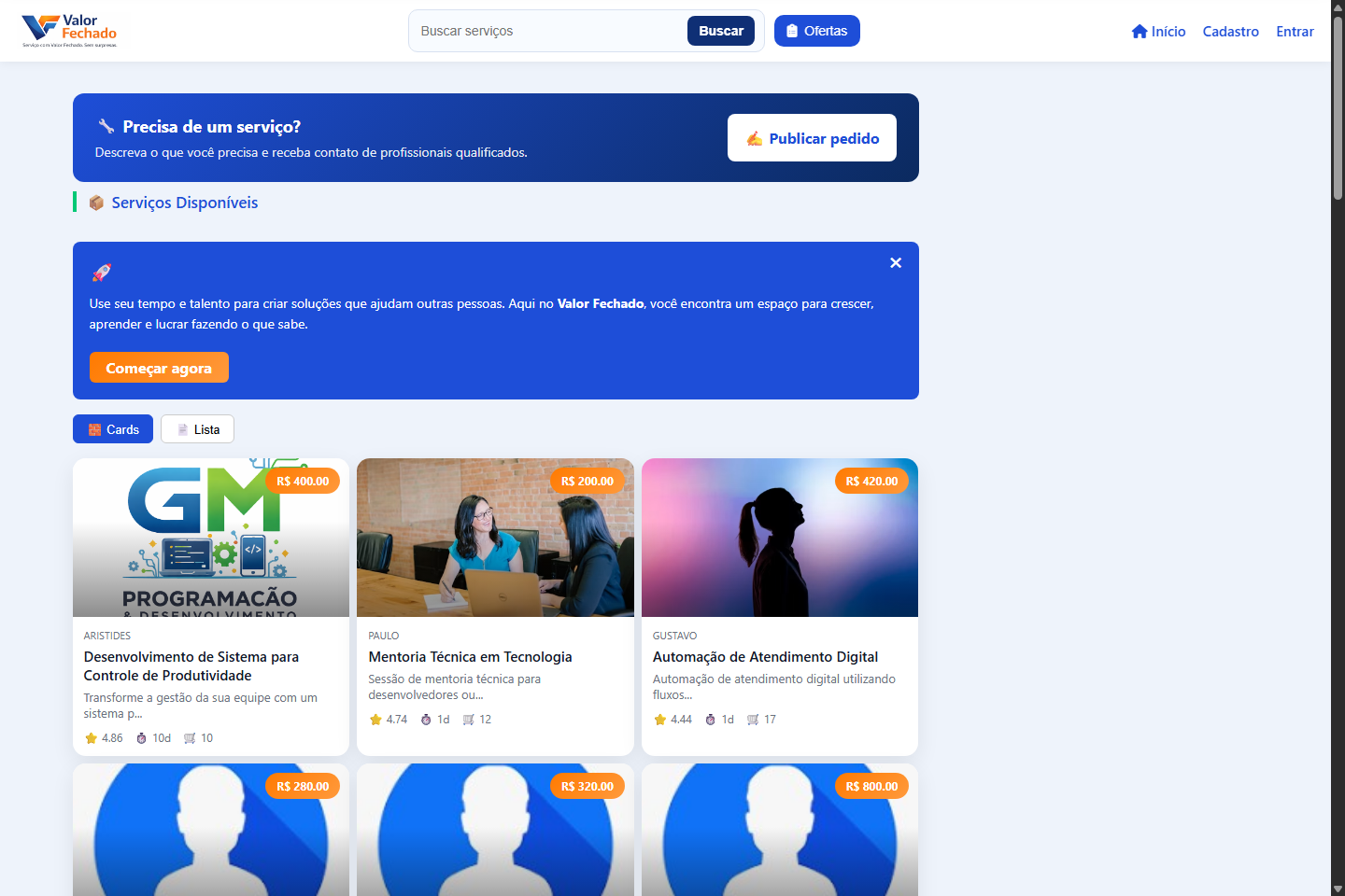 Página inicial do site Valor Fechado