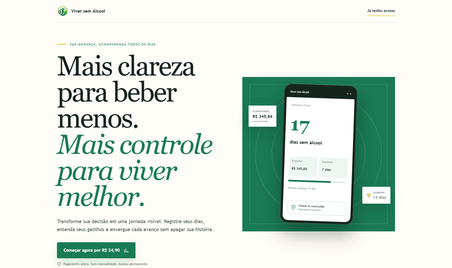 Página inicial do site Viver sem Álcool